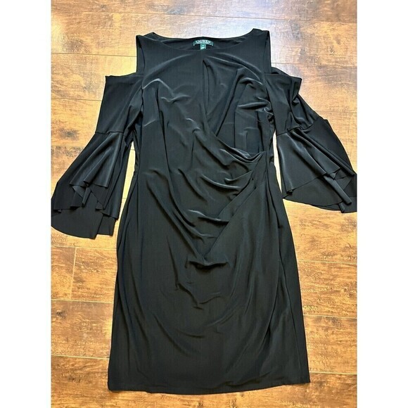 Lauren Ralph Lauren Black Cold Should Bell Sleeve Cinched Waist Black Dress NWT - Picture 1 of 8